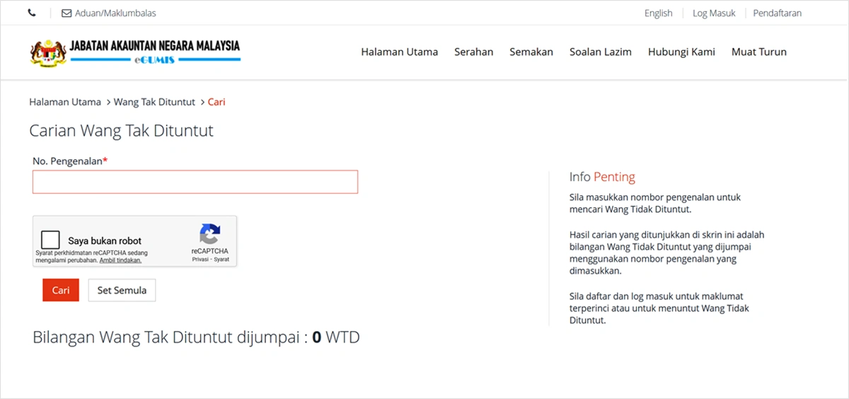 check duit tak dituntut guna no ic
