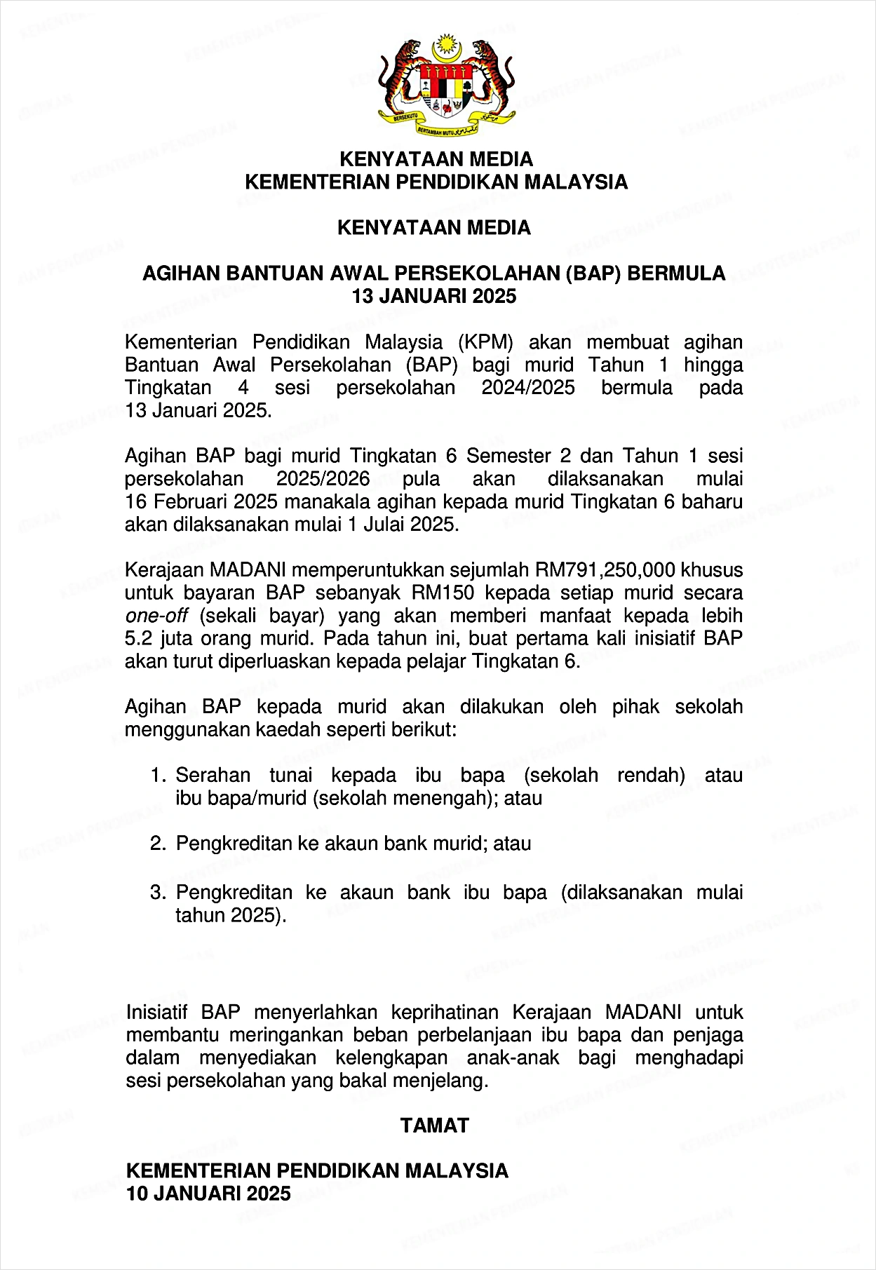 kenyataan duit bantuan sekolah 2025
