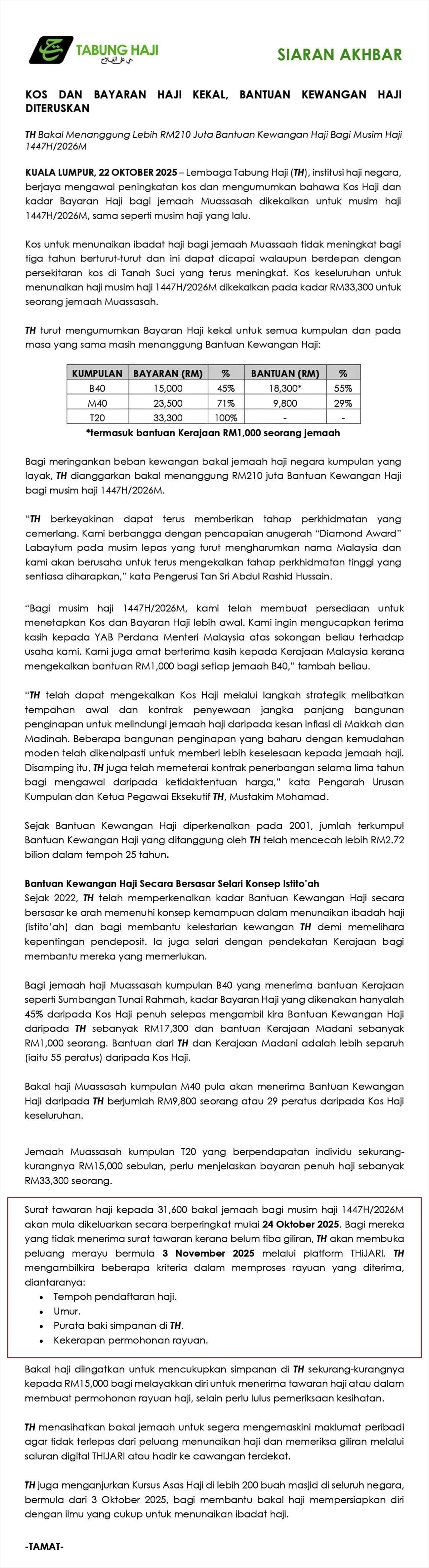 kenyataan tabung haji rayuan haji
