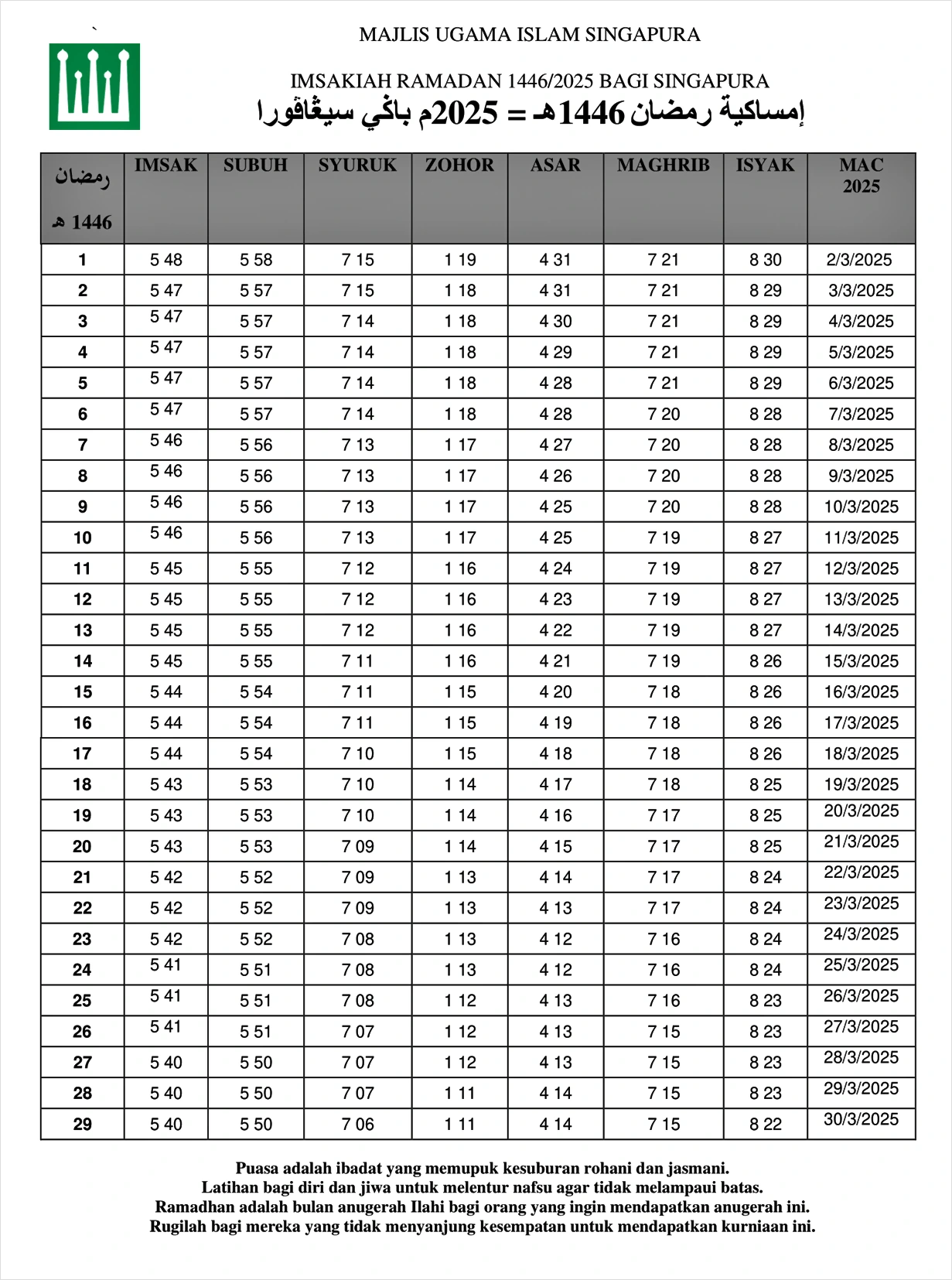 jadual imsak berbuka puasa ramadan 2025 singapore