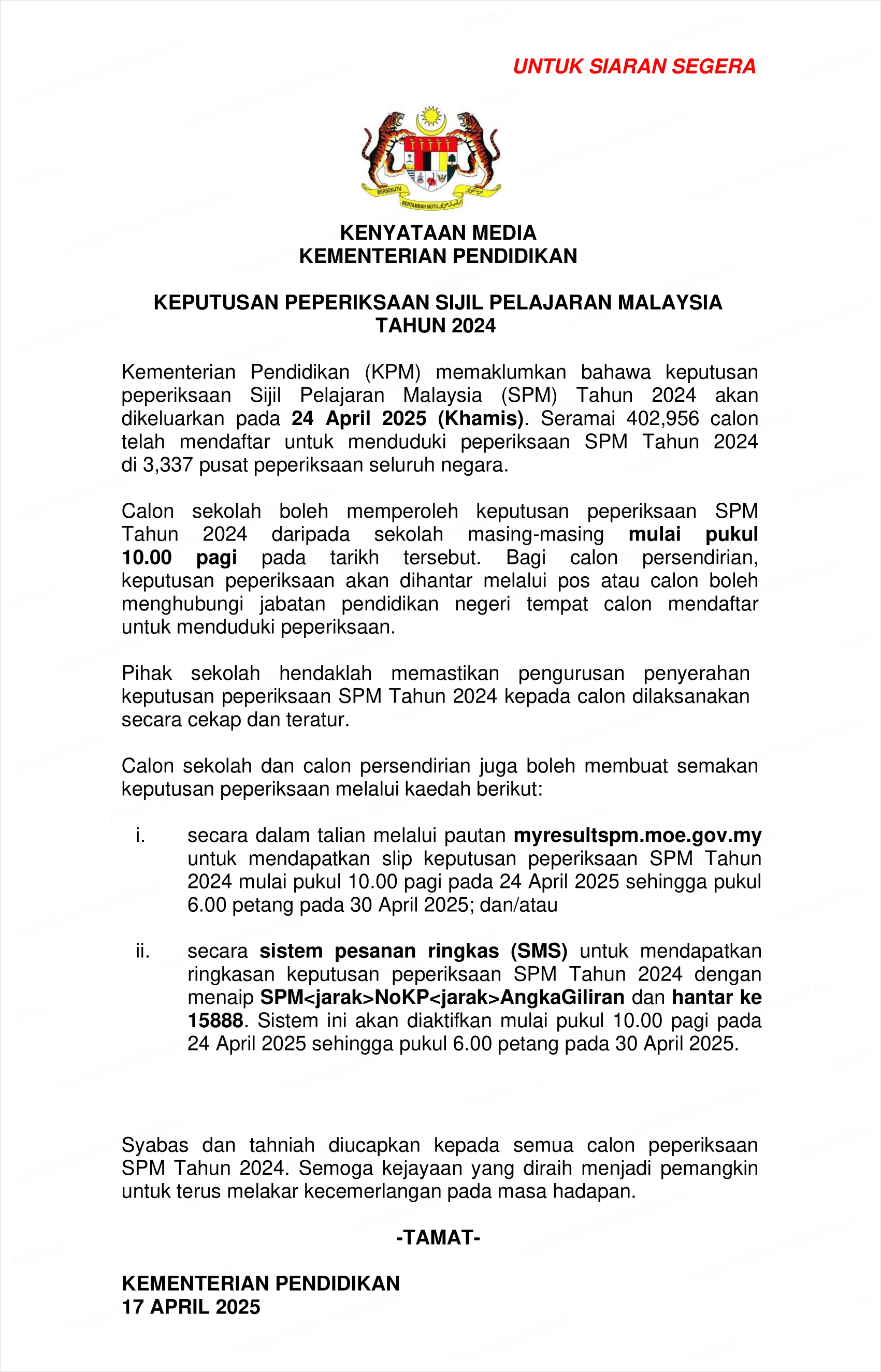 kenyataan keputusan spm 2024