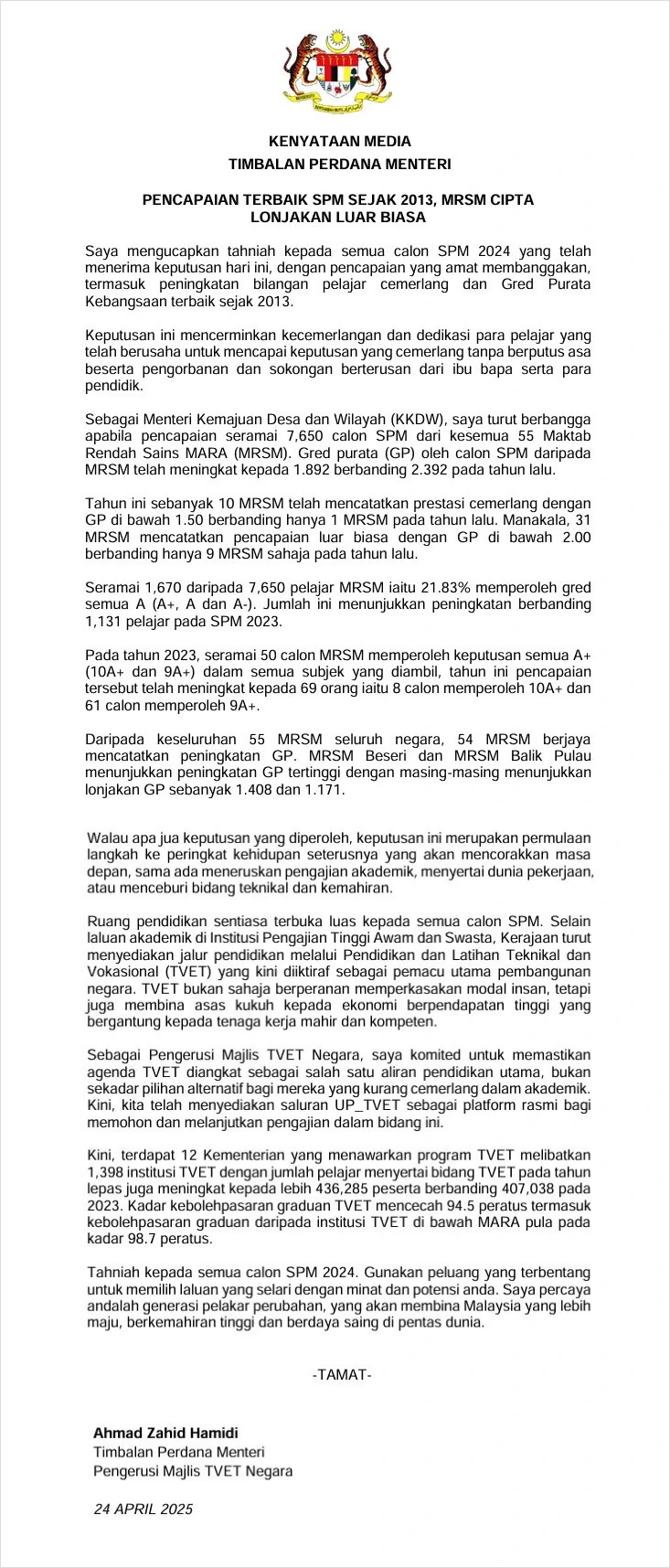 kenyataan media mrsm terbaik spm 2024