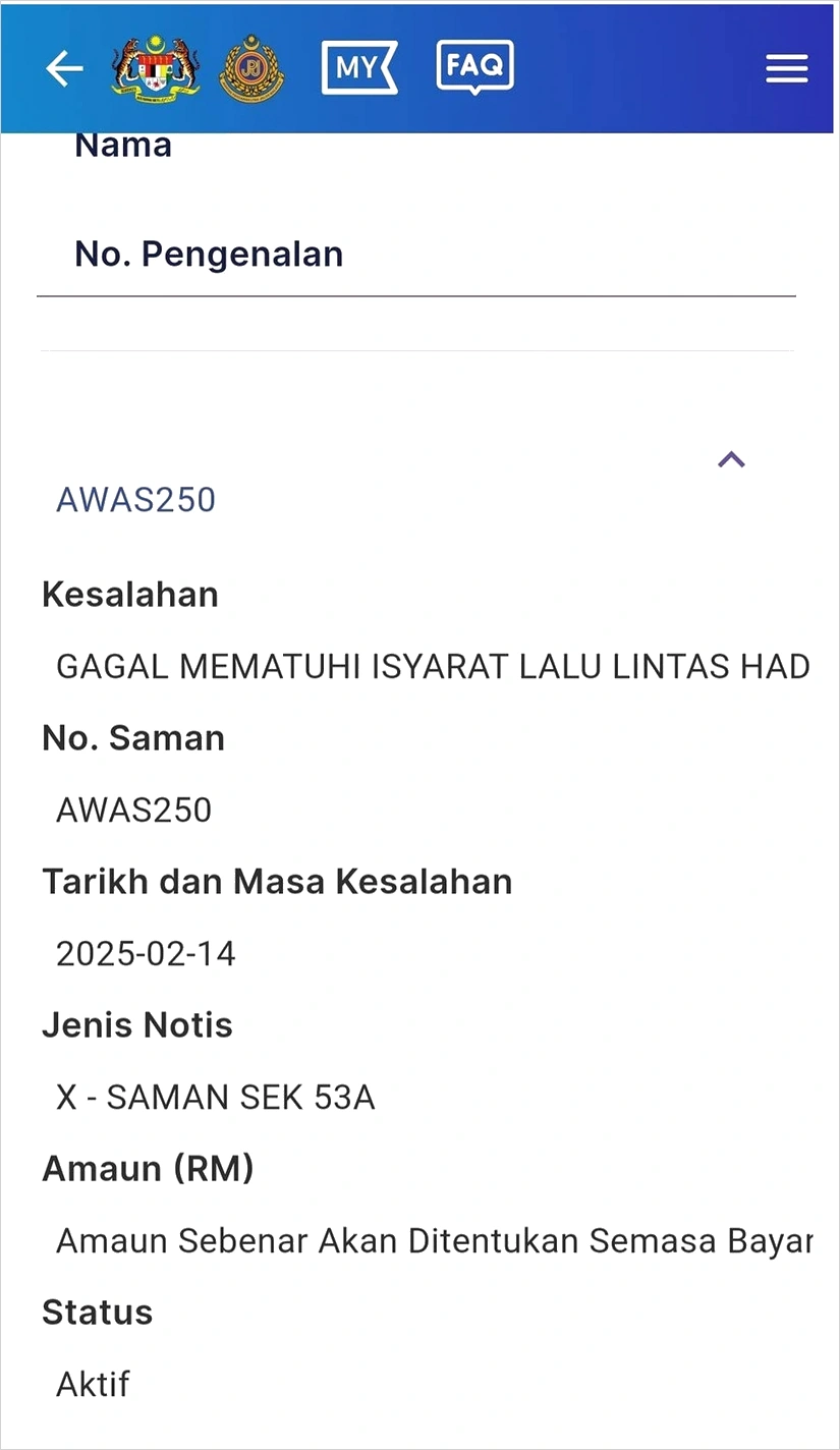 harga saman awas jpj