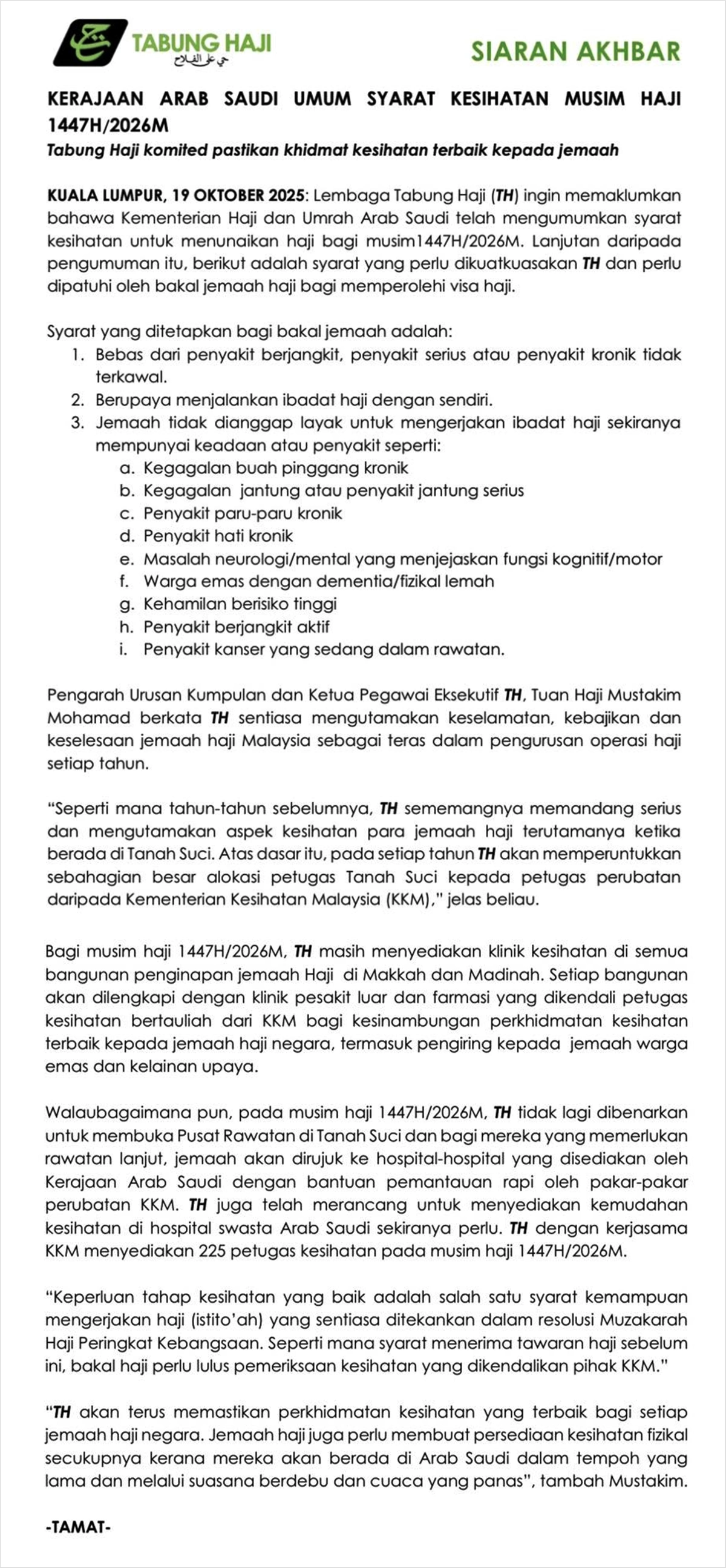 kenyataan tabung haji kesihataan jemaah