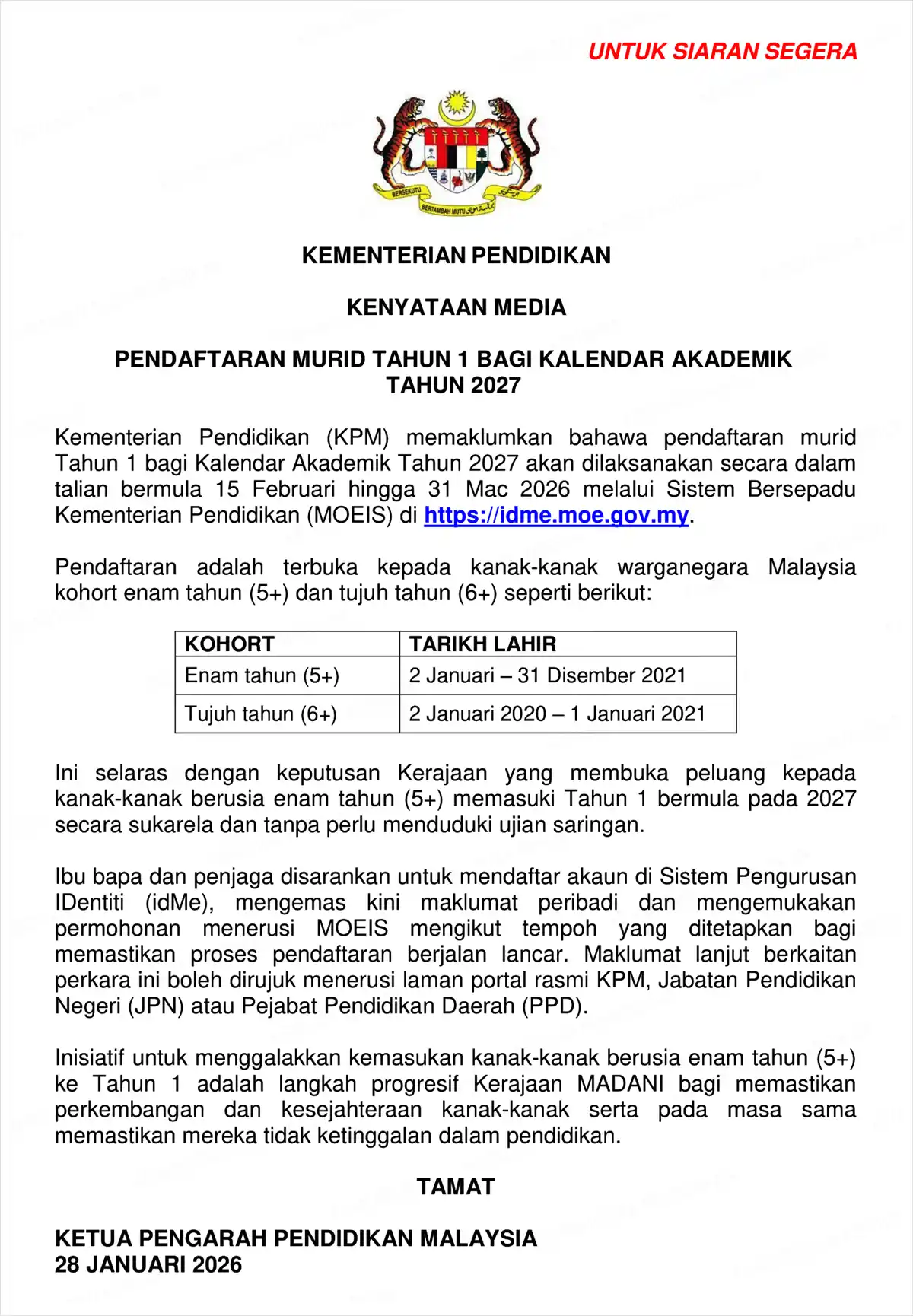 kenyataan media daftar darjah 1 2027