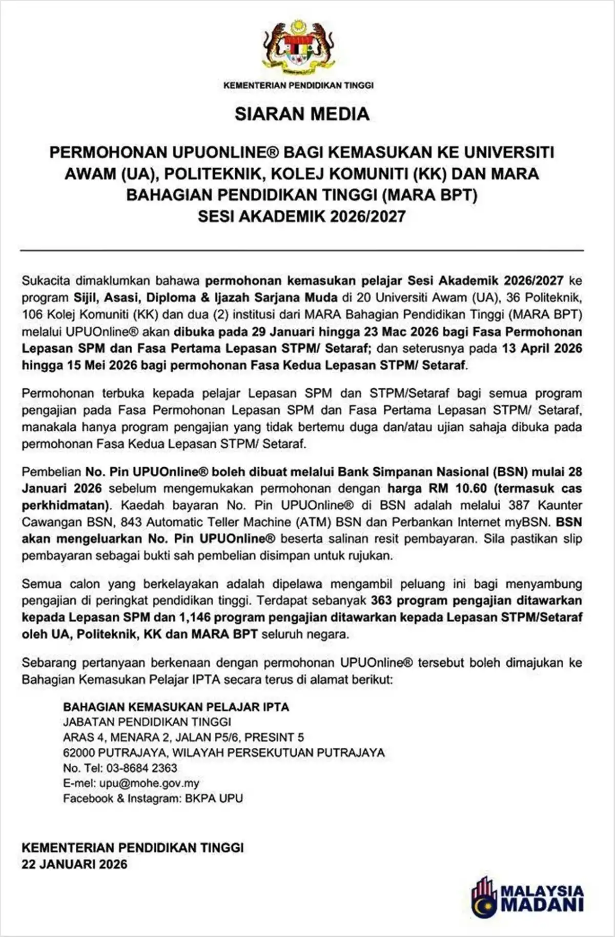 kenyataan media permohonan upu online 2026