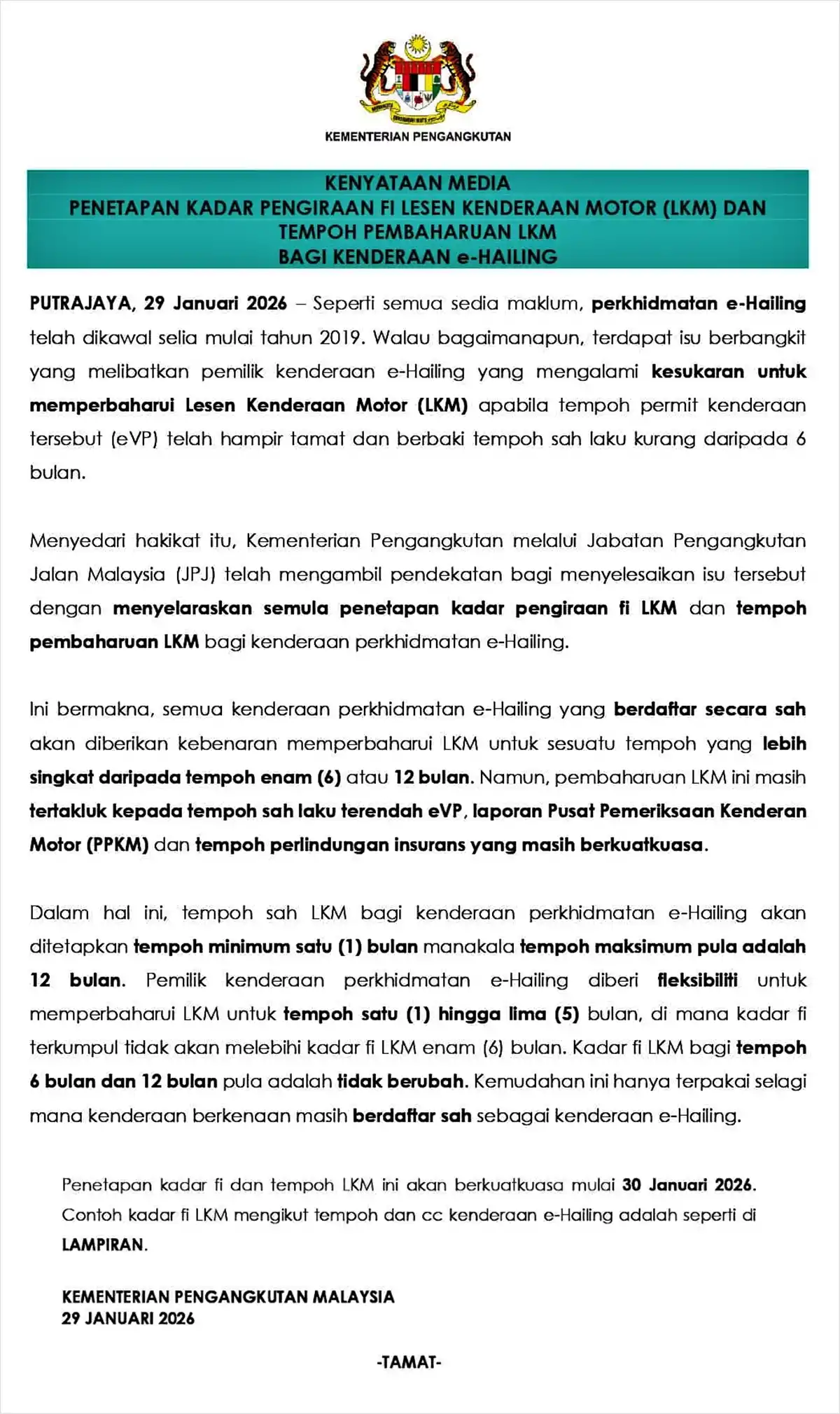 kenyataan media kementerian pengangkutan