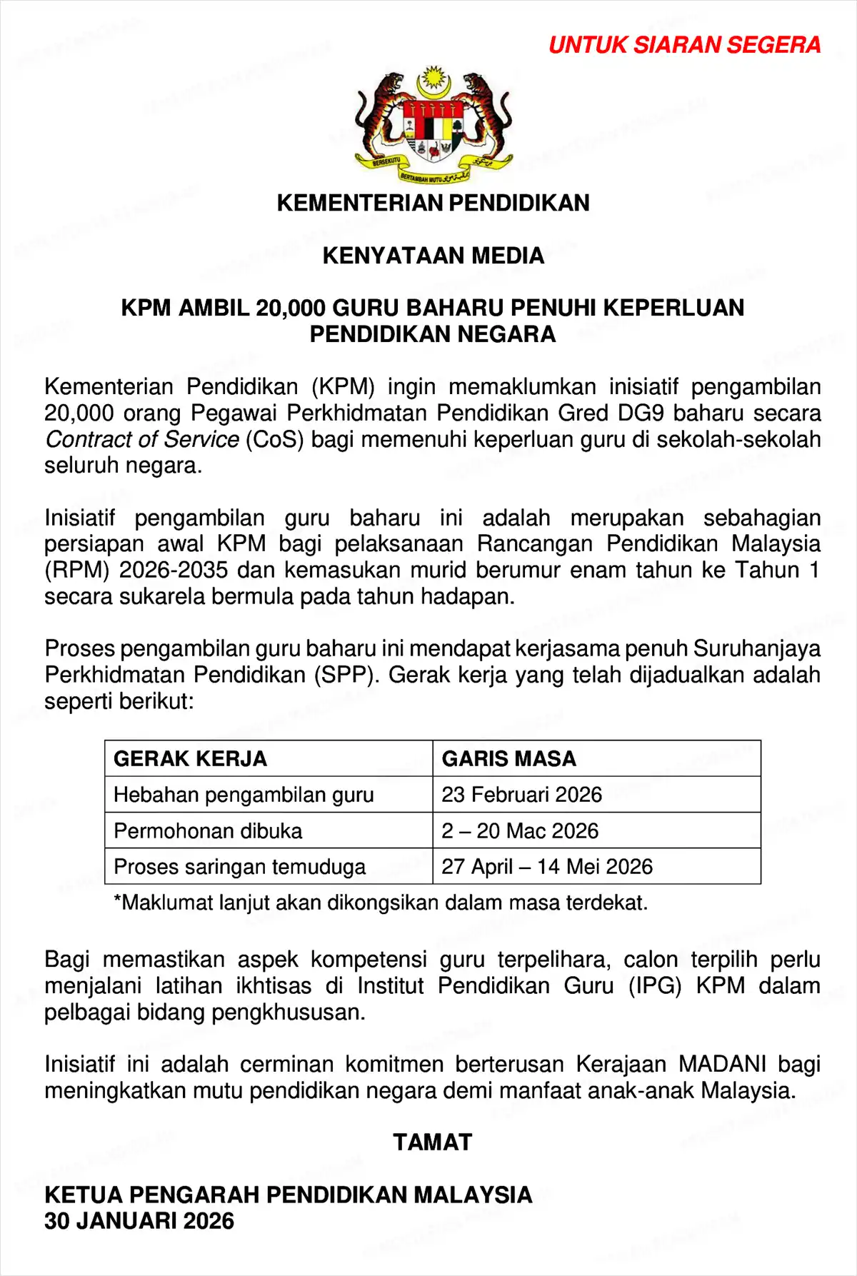 kenyataan media kpm jawatan guru kontrak