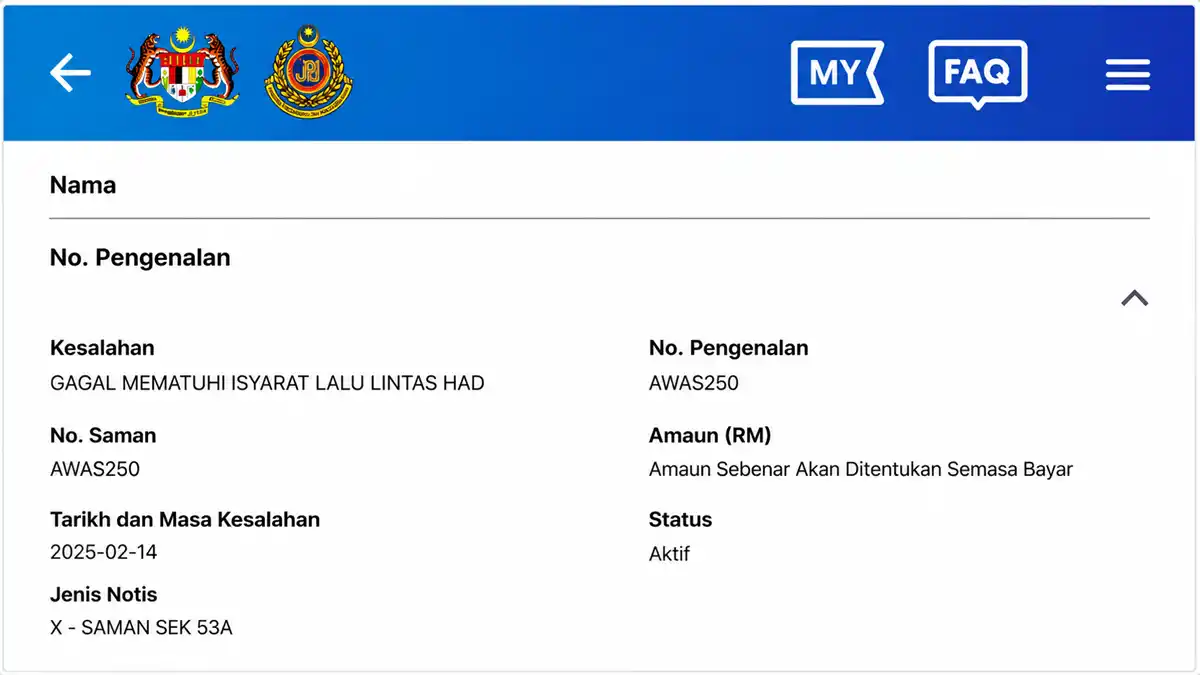 contoh harga saman awas jpj