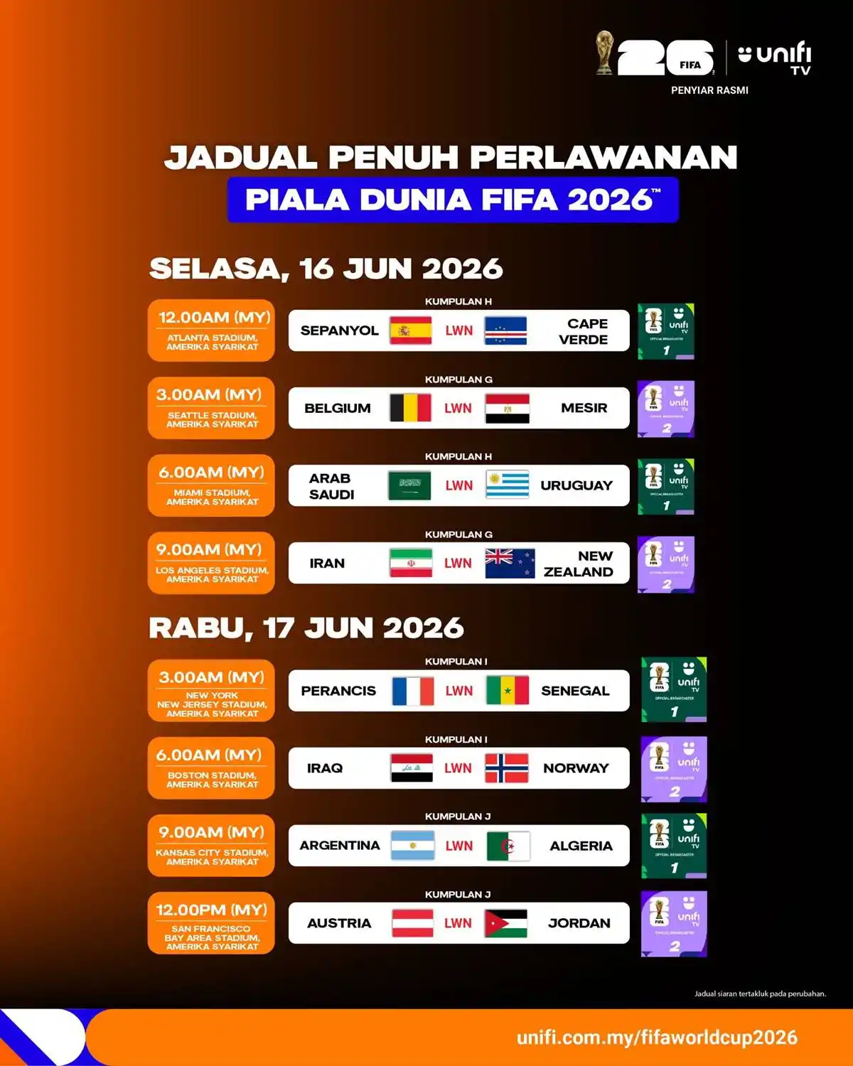 jadual siaran langsung piala dunia 2026 unifi tv 3