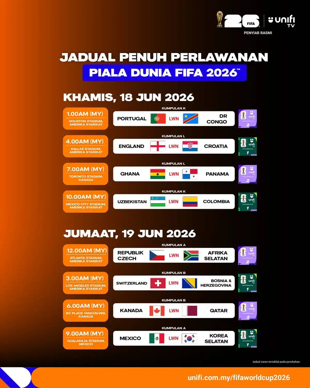 jadual siaran langsung piala dunia 2026 unifi tv 4