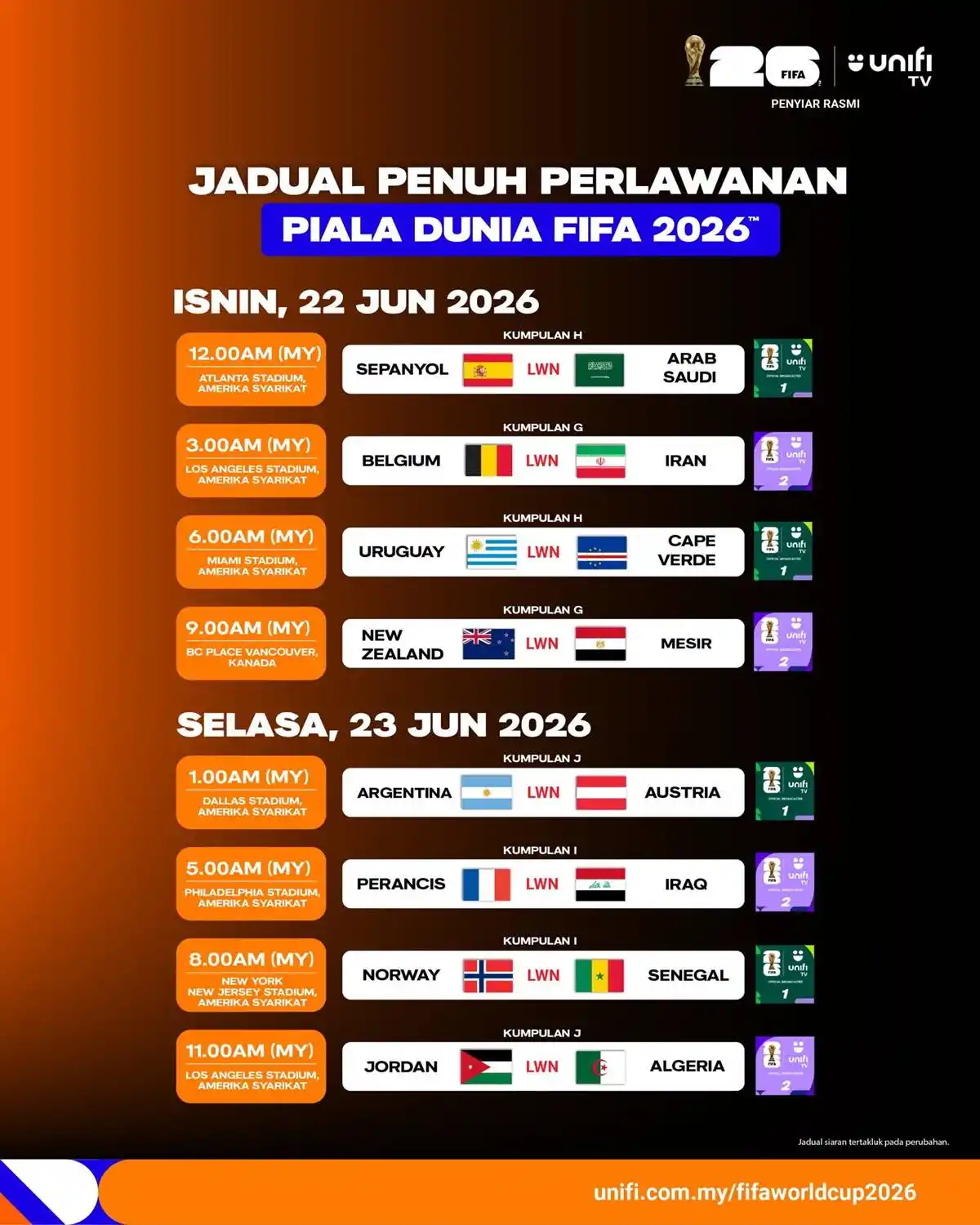 jadual siaran langsung piala dunia 2026 unifi tv 6