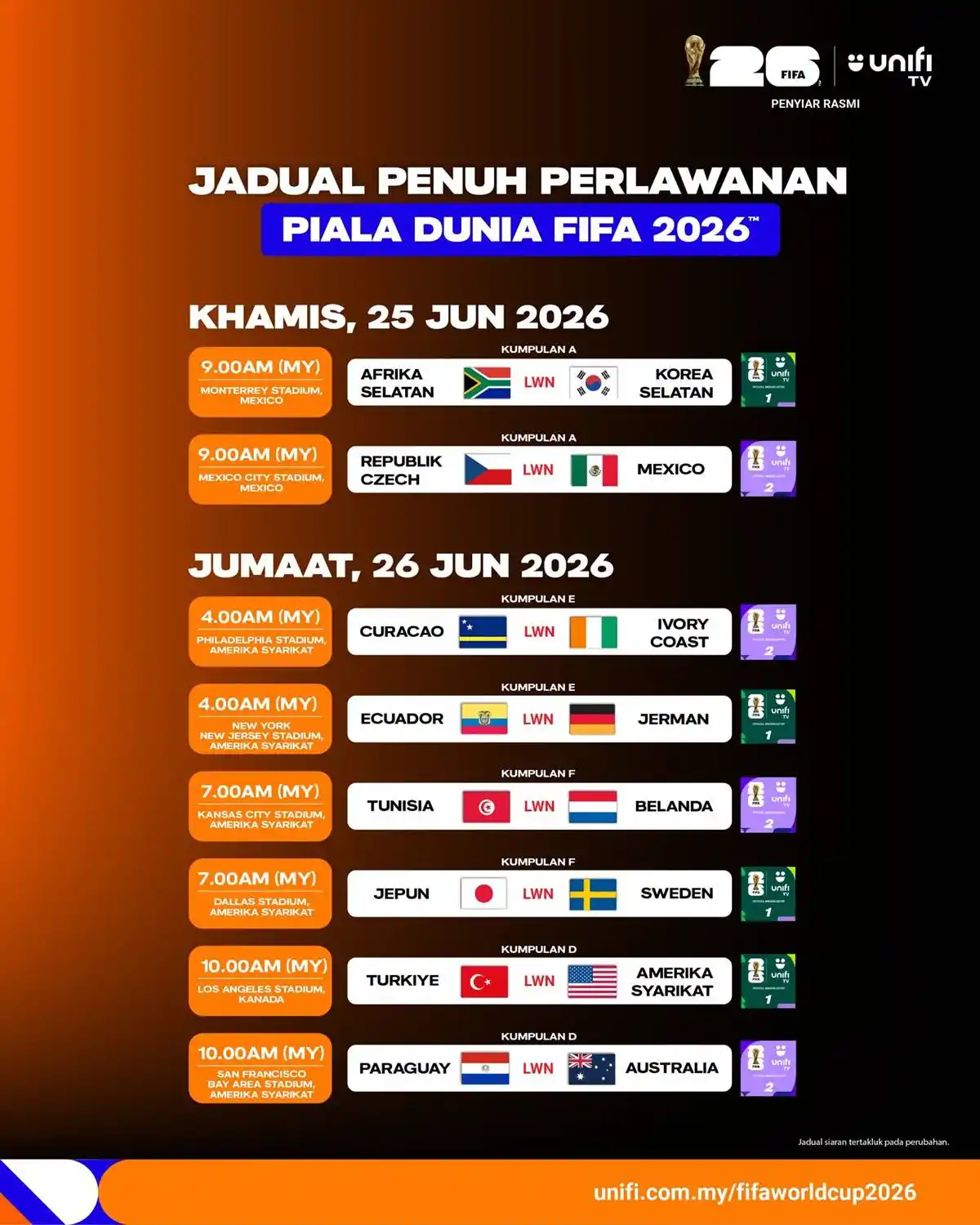 jadual siaran langsung piala dunia 2026 unifi tv 8
