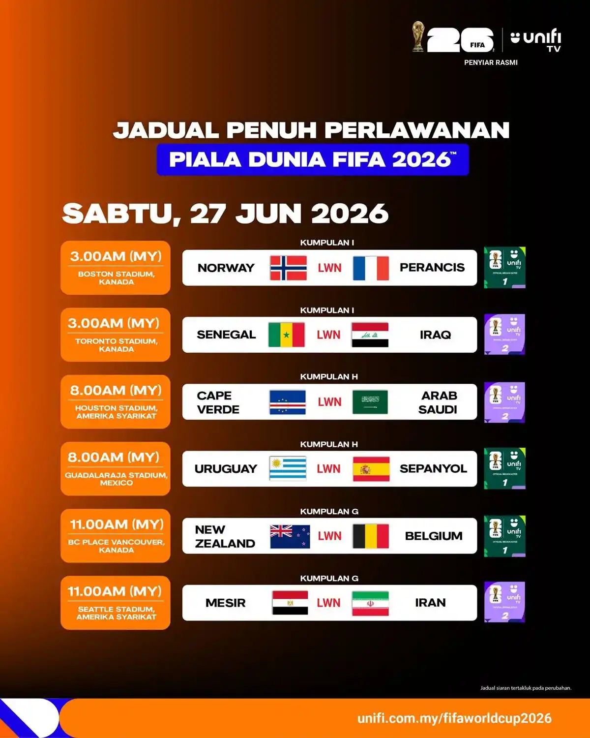 jadual siaran langsung piala dunia 2026 unifi tv 9